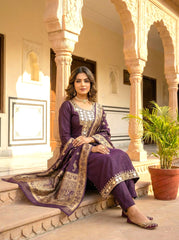 Royal Purple Mirror work Kurta Set with Banarasi Dupatta