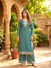 Teal Green Crushed Silk Embroidered Salwar Suit with Elegant Dupatta