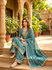 Teal Green Crushed Silk Embroidered Salwar Suit with Elegant Dupatta