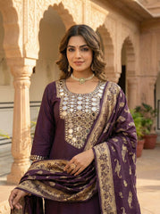 Royal Purple Mirror work Kurta Set with Banarasi Dupatta