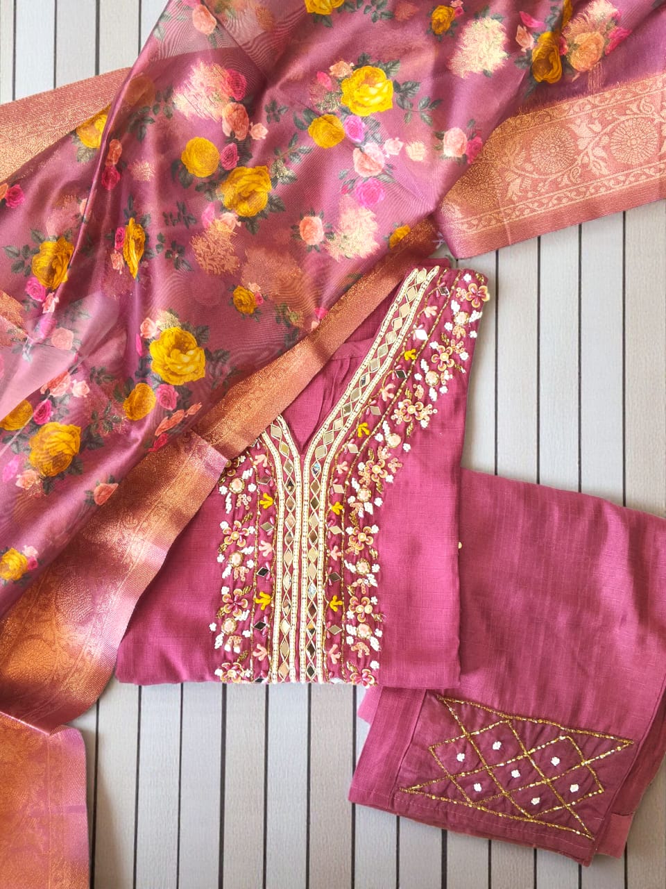 Elegant Wine Embroidered Suit Set with Floral Dupata