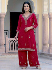 Elegant Maroon Embroidered Georgette Kurta Palazzo Set with Dupatta