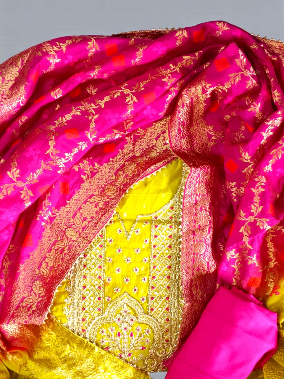 Elegant Chanderi Silk Embroidered Unstitched Suit with Banarasi Dupatta