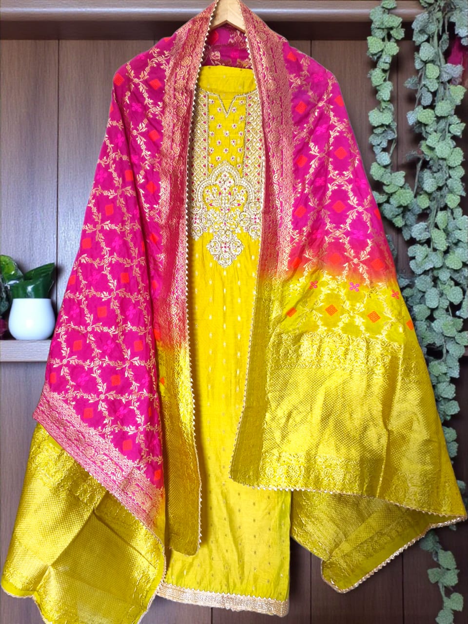 Elegant Chanderi Silk Embroidered Unstitched Suit with Banarasi Dupatta
