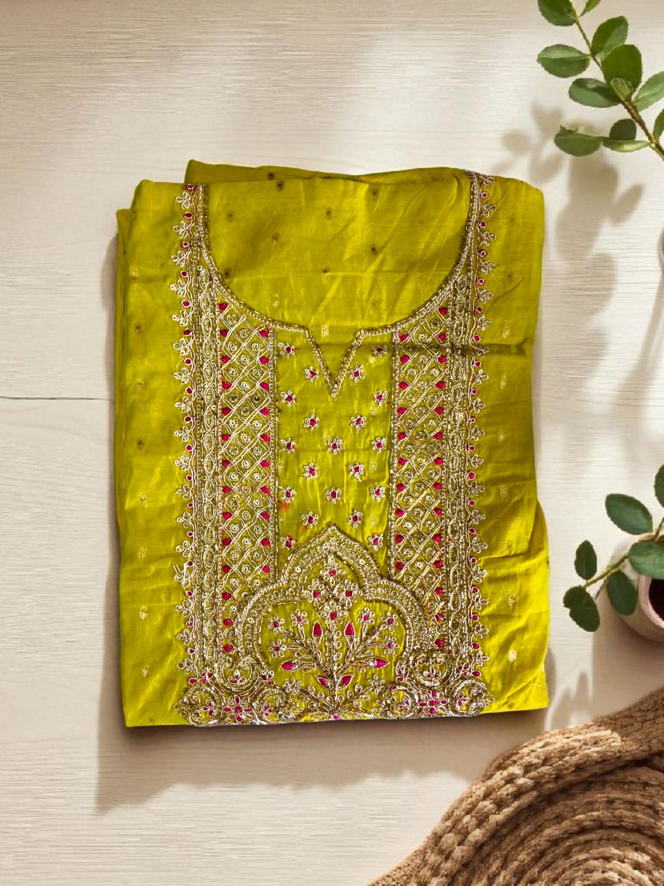 Elegant Chanderi Silk Embroidered Unstitched Suit with Banarasi Dupatta