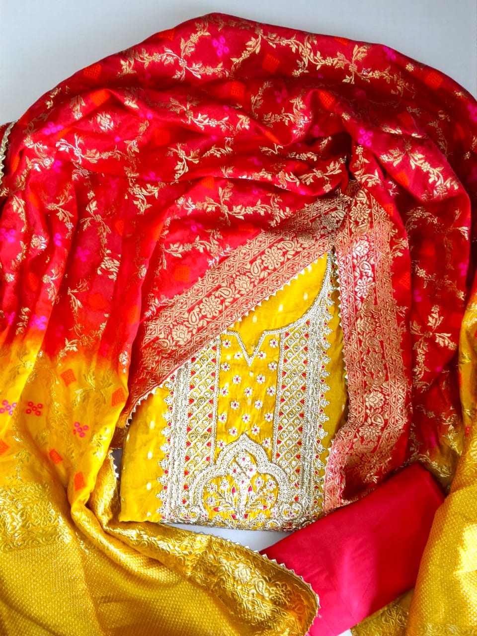 Elegant Chanderi Silk Embroidered Unstitched Suit with Banarasi Dupatta