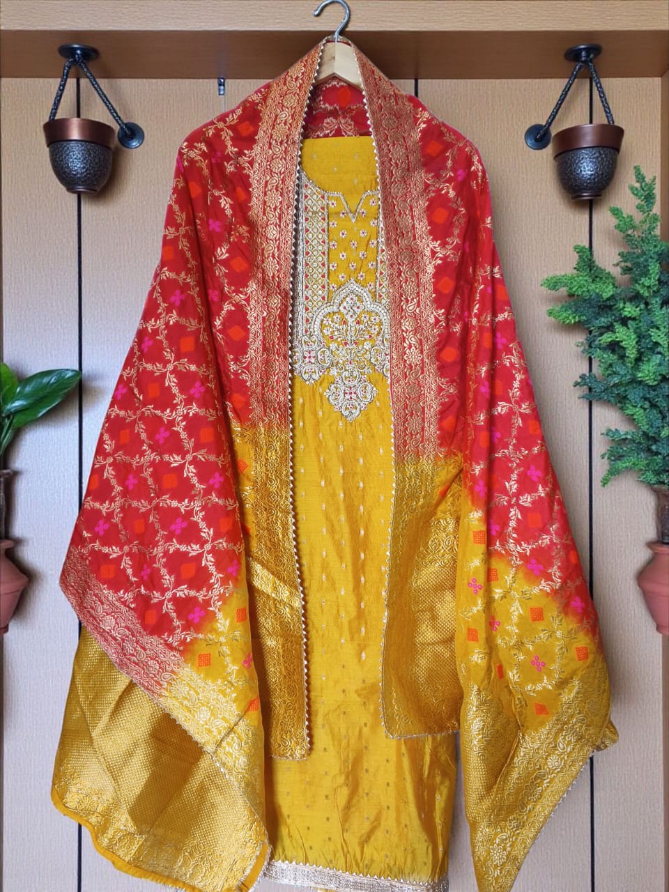 Elegant Chanderi Silk Embroidered Unstitched Suit with Banarasi Dupatta