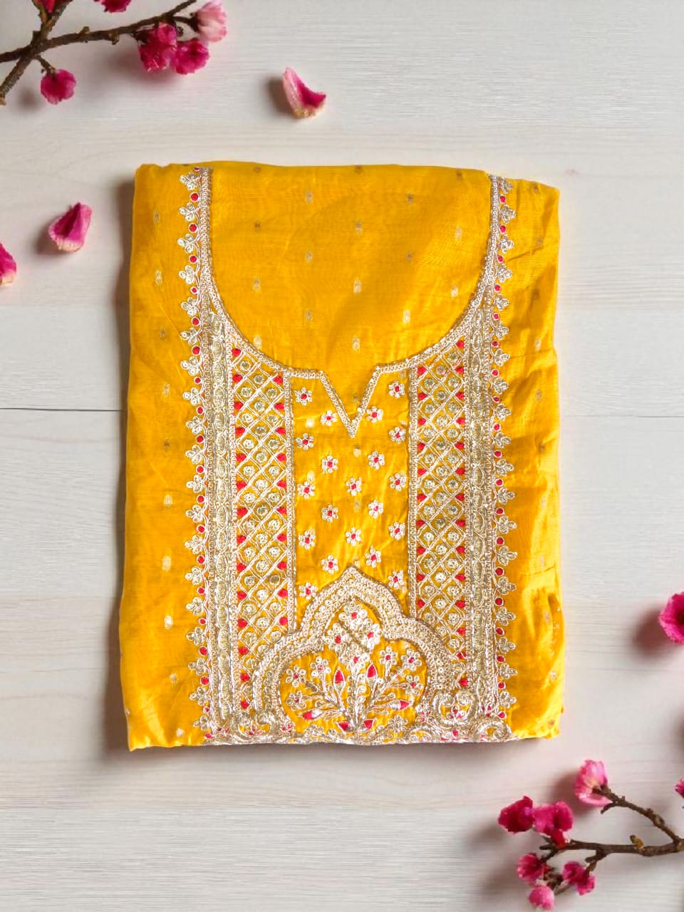 Elegant Chanderi Silk Embroidered Unstitched Suit with Banarasi Dupatta