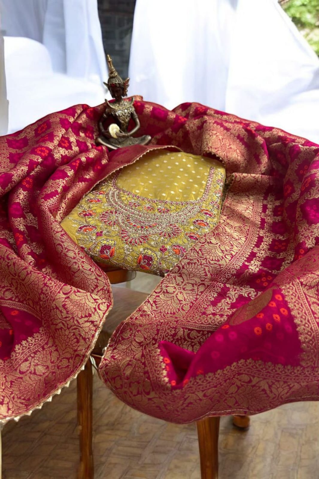 Modal Silk Unstitched Suit with Embroidered Neckline & Banarasi Dupatta