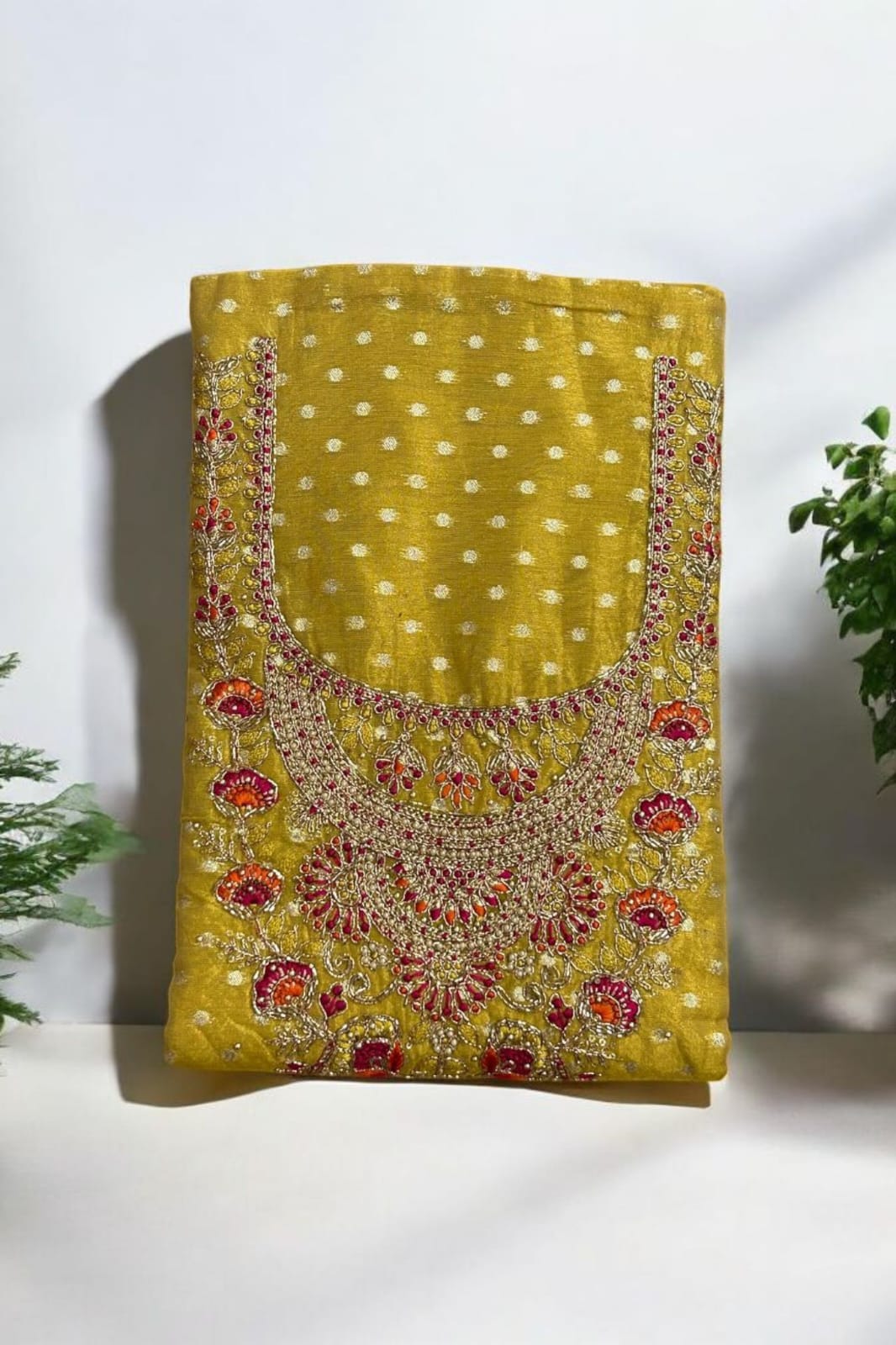 Modal Silk Unstitched Suit with Embroidered Neckline & Banarasi Dupatta