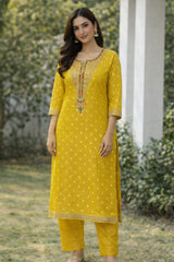 Elegant Mustard Yellow & Teal Green Embroidered Suit Set