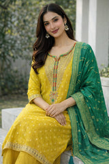 Elegant Mustard Yellow & Teal Green Embroidered Suit Set