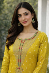 Elegant Mustard Yellow & Teal Green Embroidered Suit Set